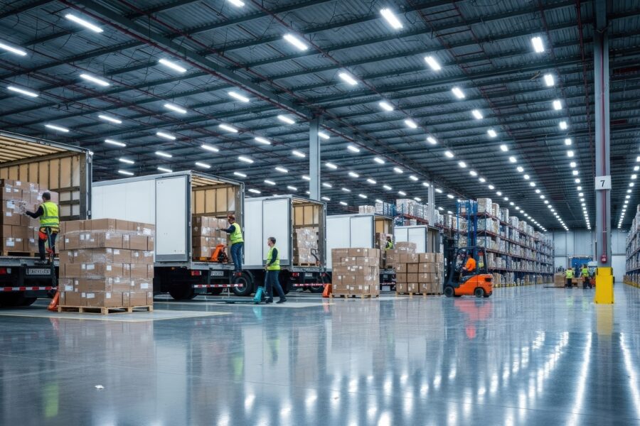 Warehouse interior with loading docks where workers unload boxes from open trucks; tall shelves and pallets line the aisles under bright overhead lights.