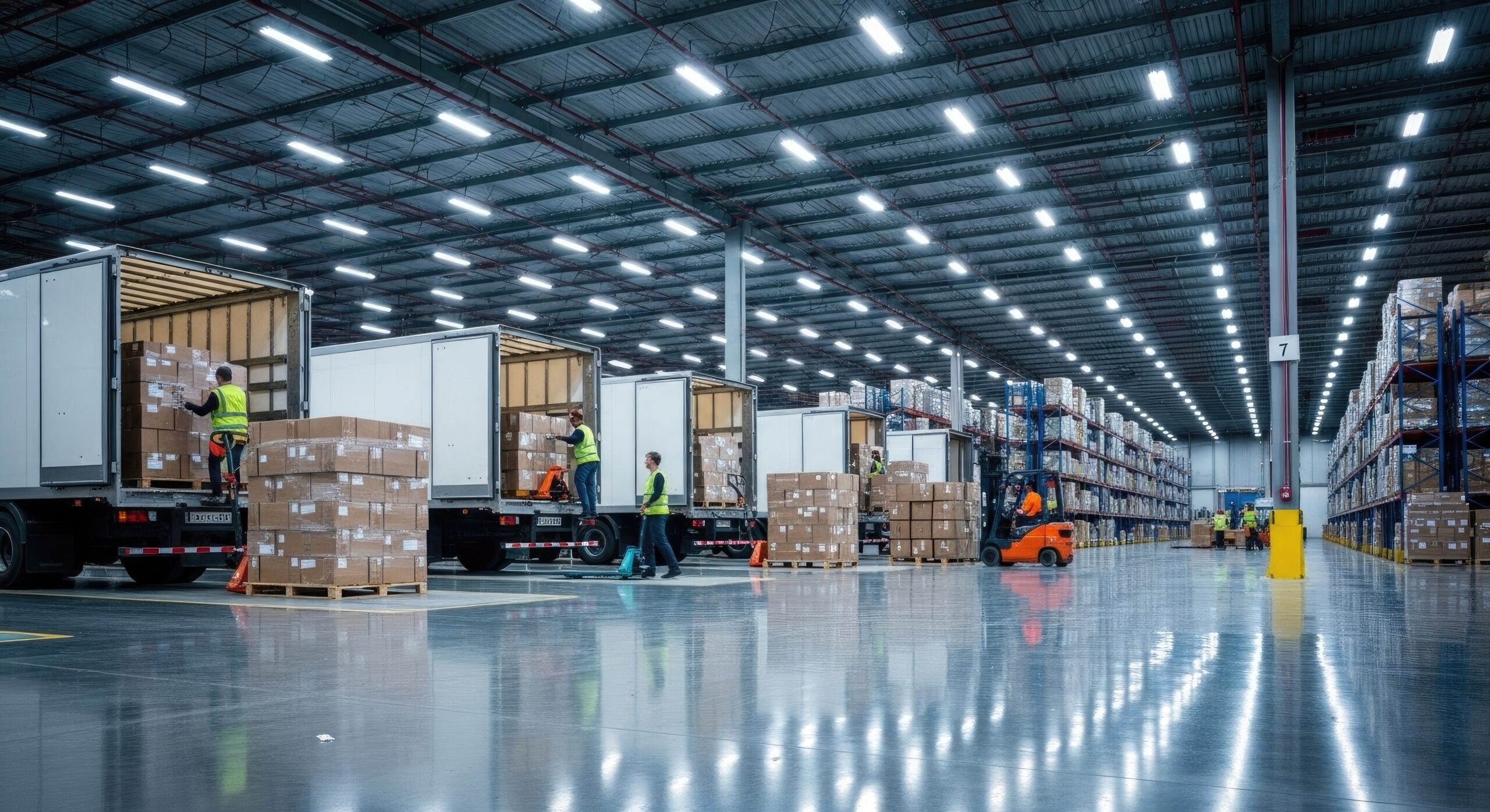 Warehouse interior with loading docks where workers unload boxes from open trucks; tall shelves and pallets line the aisles under bright overhead lights.